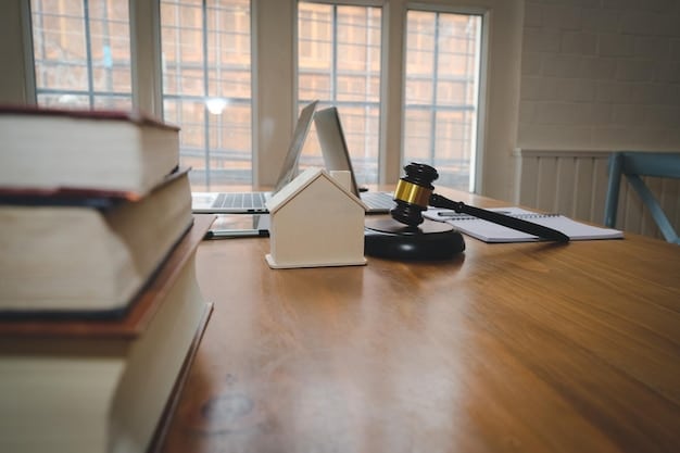 A close-up of a gavel resting on a stack of legal documents, with a blurred background of a courtroom, emphasizing the legal aspect of real estate regulations.