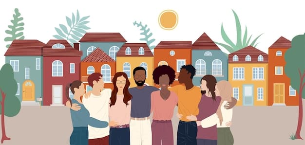 Diverse group of people standing in front of a residential building, symbolizing community and inclusivity, with a focus on fair housing.