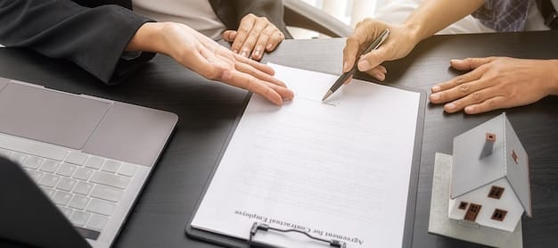 A close-up shot of hands shaking over a contract on a table, with a pen resting on the contract. The setting is a modern office, signifying a real estate deal being finalized.