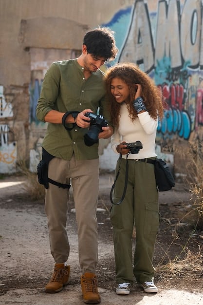 Two diverse photographers (one male and one female) collaborating on a photoshoot in an urban setting, using professional equipment while interacting joyfully with their models, emphasizing teamwork and diversity in the stock photography process.