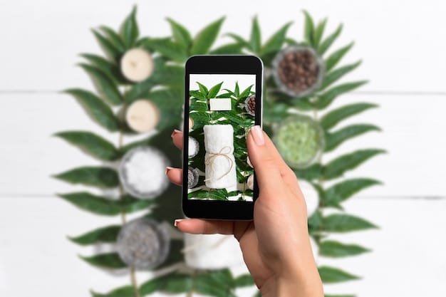 A hand holding a smartphone displaying engaging social media content, with a green plant in the background symbolizing evergreen content. The image should convey a sense of freshness and relevance.