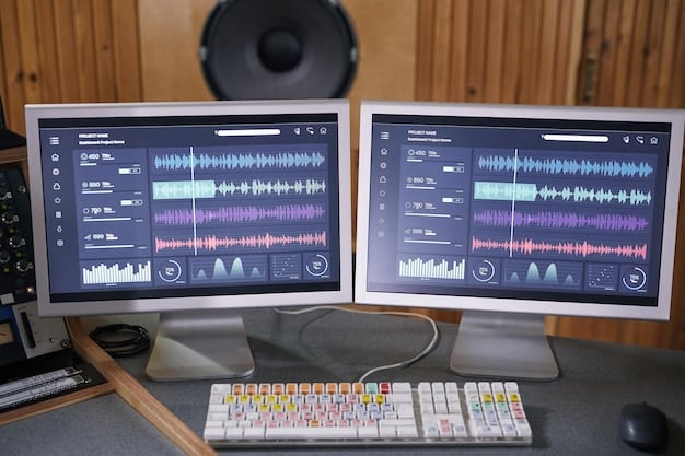 A digital audio workstation (DAW) interface on a computer screen, displaying waveforms and music production tools, representing the creation and potential licensing of music.