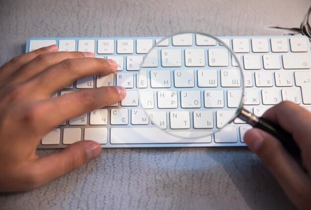 A close-up shot of a person's hands typing on a keyboard, with a magnifying glass hovering over the screen, symbolizing the research and precision required in choosing a profitable niche.