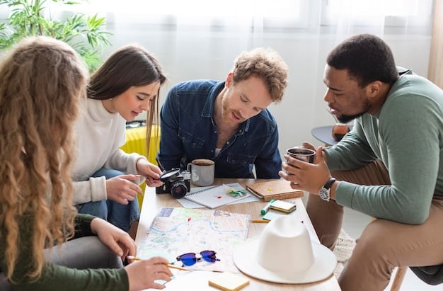 A diverse group of people collaborating around a table, brainstorming ideas and planning content for a niche website, symbolizing the collaborative nature of content creation.