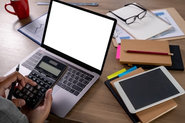 A person using a calculator and a laptop, with a notebook and pen nearby. The screen displays a financial calculation, and the overall image conveys a sense of concentration and financial planning. The environment is a well-lit home office.